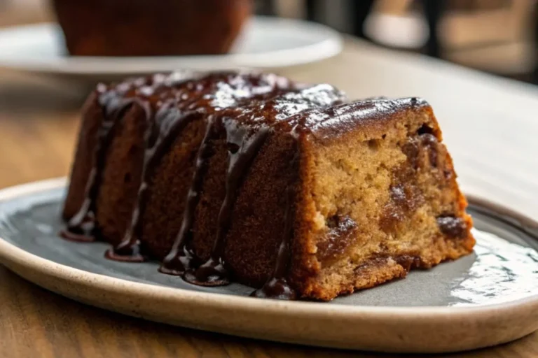 Gâteau aux bananes et chocolat frais et brillant posé sur une table moderne en bois, mettant en valeur sa texture moelleuse.