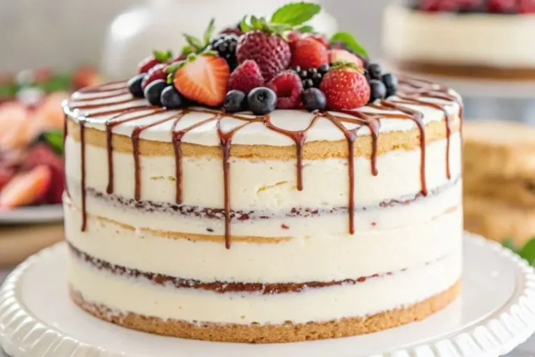 Gros plan sur un layer cake recette moelleux, joliment décoré avec des fruits frais et un glaçage lisse, posé sur une table blanche.