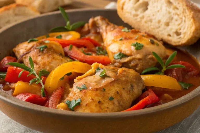 Poulet Basquaise Thermomix servi dans un bol rustique avec des légumes colorés, du poulet tendre et du pain à côté.