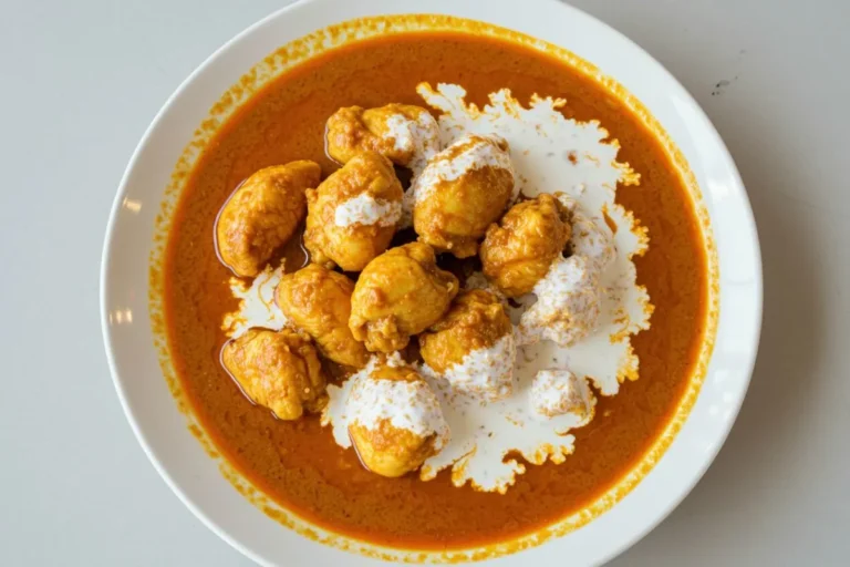 Plat de poulet au curry et lait de coco servi sur une table moderne, avec une sauce crémeuse et des morceaux de poulet tendres