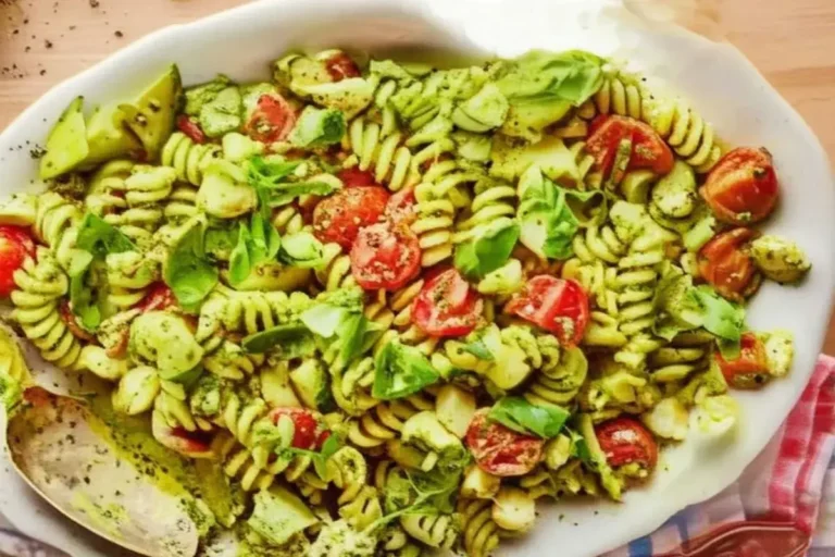 Gros plan sur une salade de pâtes au pesto servie dans un bol blanc, garnie de tomates cerises, parmesan râpé et pignons de pin, sur une table en bois clair.