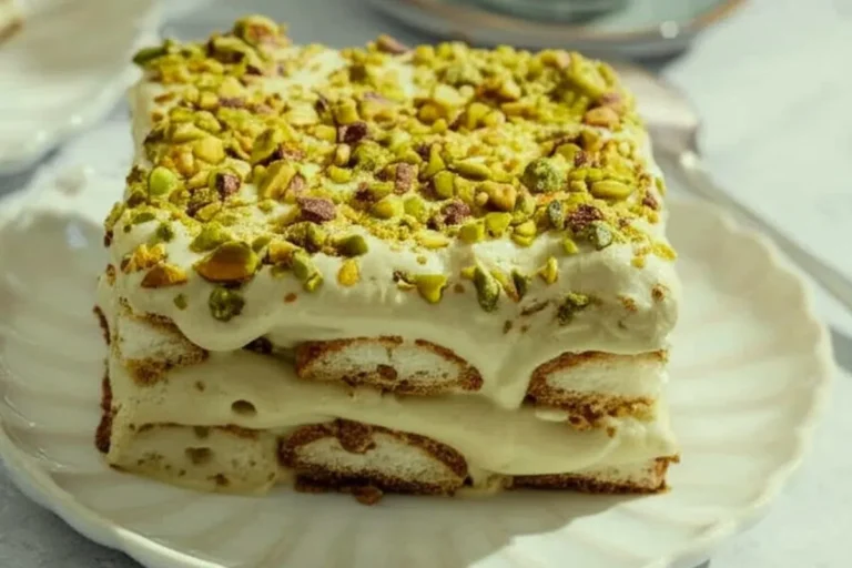 Une tranche de tiramisu pistache posée sur une assiette blanche moderne, avec des couches visibles de crème pistache et des pistaches concassées en garniture.