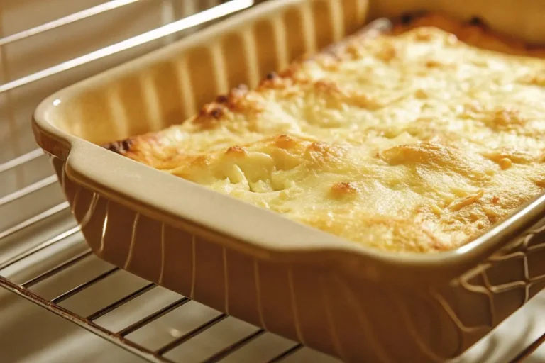 Gratin de patate douce et pomme de terre en train de cuire au four, avec du fromage fondu et doré, des bulles crémeuses apparaissant à la surface.
