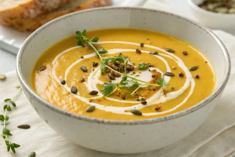 Bol de velouté butternut crémeux servi avec une touche de crème et des herbes fraîches, posé sur une table blanche.
