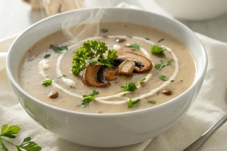 Bol de velouté de champignons Thermomix crémeux, garni de persil et d’un filet de crème, posé sur une table blanche.