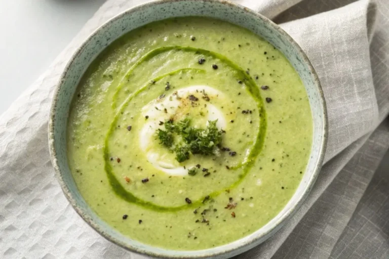 Bol de velouté de courgette thermomix, servi sur une table moderne avec des herbes fraîches en garniture.