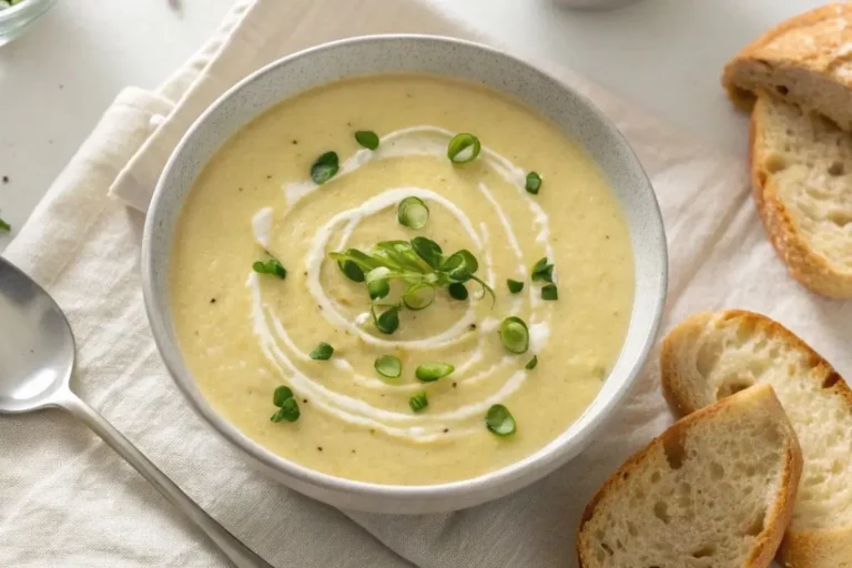 Bol de velouté de poireaux maison crémeux, garni de ciboulette et servi avec du pain croustillant sur une table blanche.