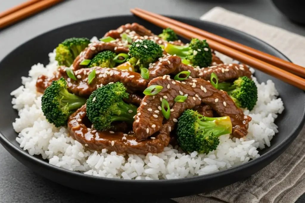 Plat de bœuf au brocoli servi sur du riz blanc, garni de graines de sésame et d’oignons verts.