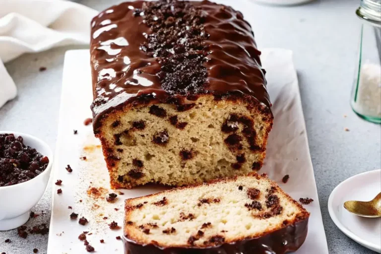 Image d’un cake aux pépites de chocolat fraîchement cuit, coupé en tranches, mettant en valeur la texture fondante des pépites de chocolat.