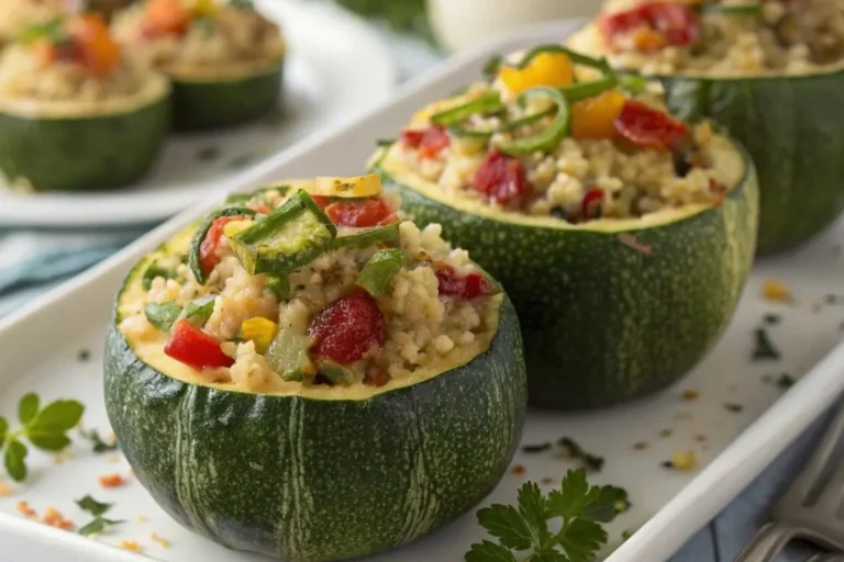 Courgettes farcies végétariennes sur une table moderne, garnies de quinoa, légumes et fromage fondu, avec des herbes fraîches.