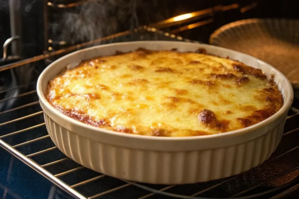 Gratin de chou-fleur et pommes de terre en train de dorer dans le four.