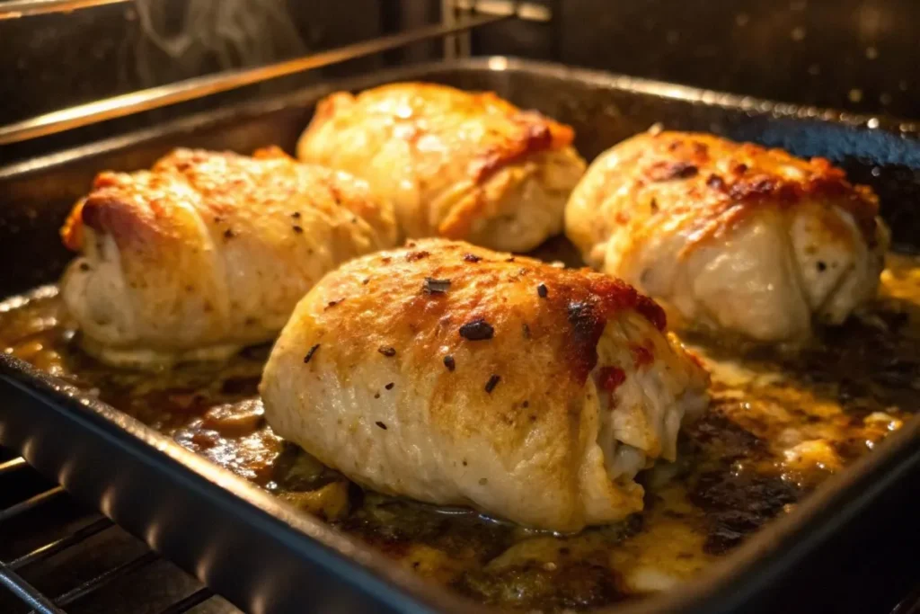 Paupiettes de poulet au four cuites au four, dorées et croustillantes avec une sauce riche.