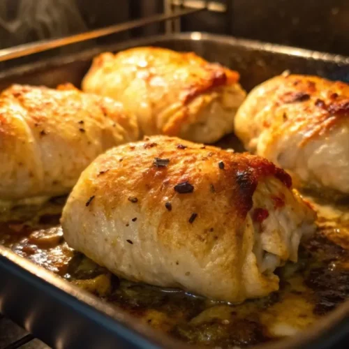 Paupiettes de poulet au four cuites au four, dorées et croustillantes avec une sauce riche.