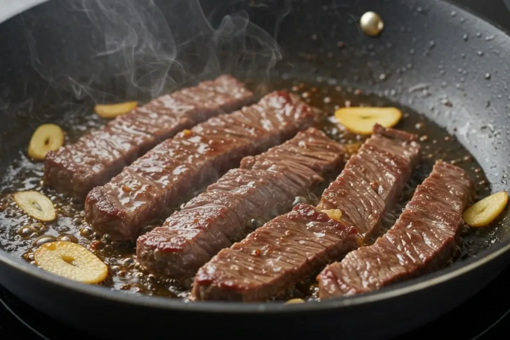 Tranches de bœuf en train de cuire à la poêle avec une sauce brillante et des éclats d’ail.