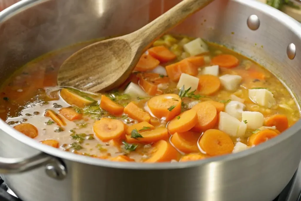 Velouté de carottes en cours de cuisson dans une casserole avec des légumes mijotés.