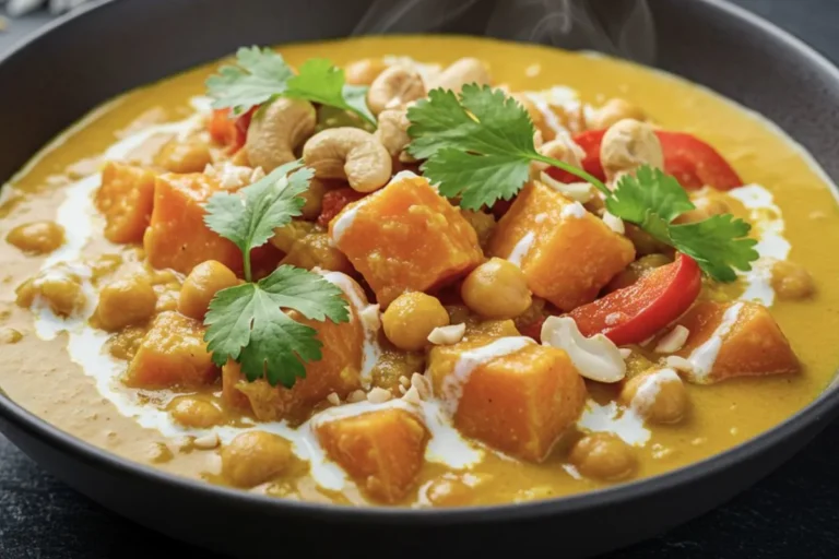 Gros plan d’un curry de légumes appétissant, servi dans un plat noir sur une table moderne et lumineuse.
