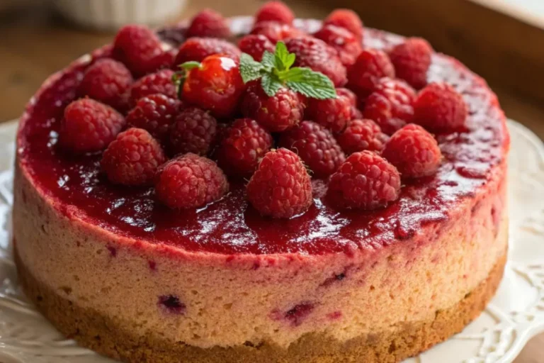 Gâteau aux framboises frais avec une texture moelleuse et des framboises rouges brillantes.
