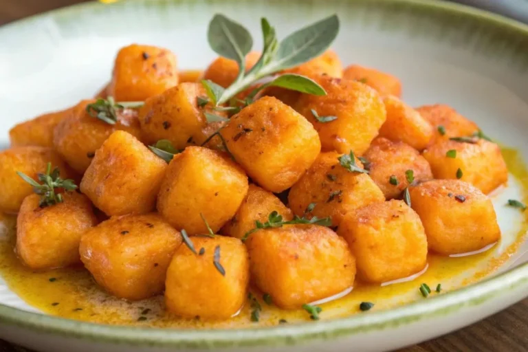 Assiette de gnocchis de patate douce nappés d’une sauce crémeuse, servie sur une table moderne avec une touche d’herbes fraîches.