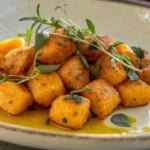 Assiette élégante de gnocchis de patate douce servis avec une sauce crémeuse et des herbes fraîches.