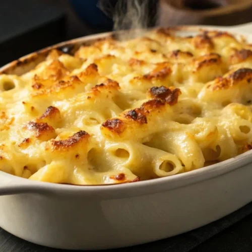 Gratin de macaronis avec sauce béchamel crémeuse et croûte dorée, posé sur une table noire.