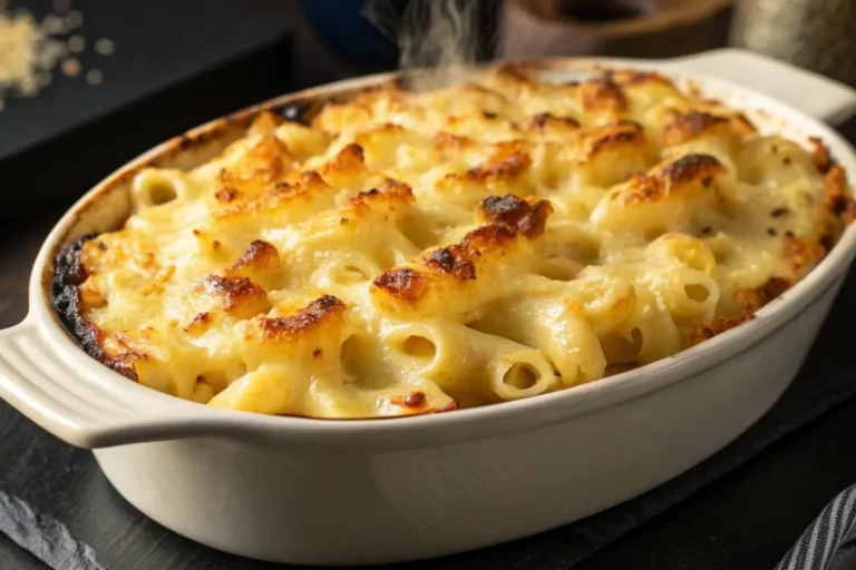 Gratin de macaronis avec sauce béchamel crémeuse et croûte dorée, posé sur une table noire.