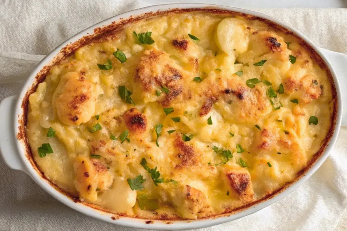 Gros plan d’un gratin de chou-fleur et pommes de terre doré au fromage, servi sur une table moderne avec une présentation élégante.