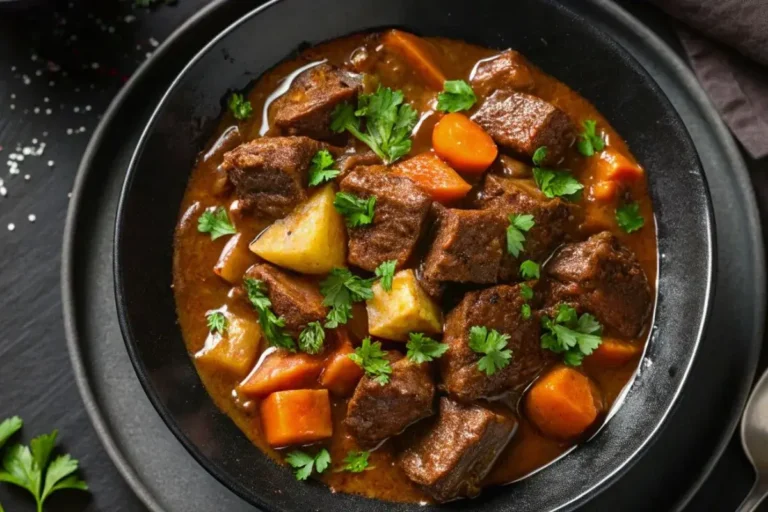 Vue rapprochée d’un ragoût de bœuf aux légumes dans une assiette noire