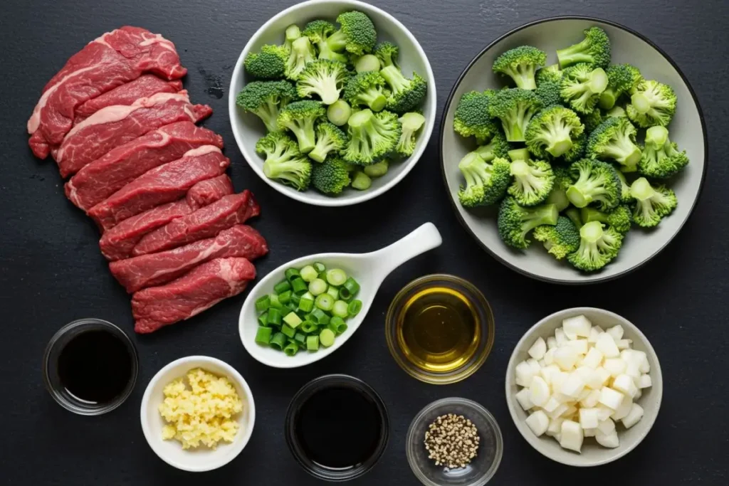 ingrédients principaux hachés pour un bœuf au brocoli, disposés proprement sur une table moderne.