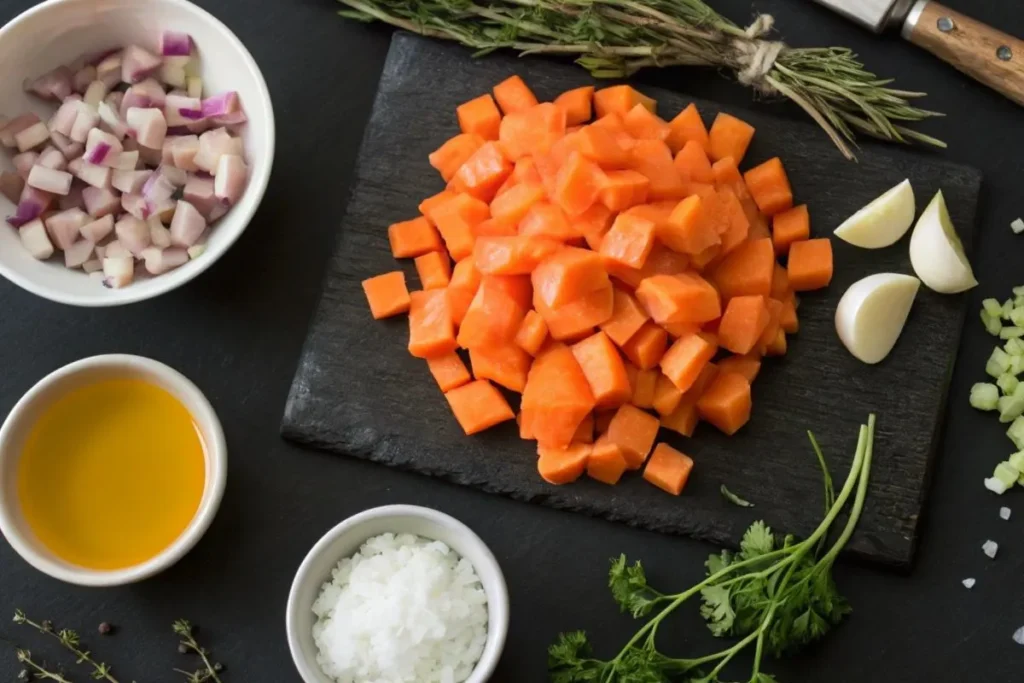 ingrédients principaux du velouté de carottes finement hachés sur une table noire.
