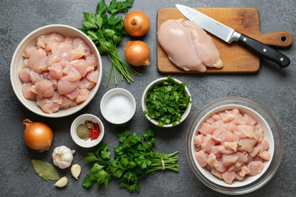 Poitrine de poulet hachée, herbes, ail et oignons disposés sur une planche à découper, prêts pour les paupiettes de poulet au four.