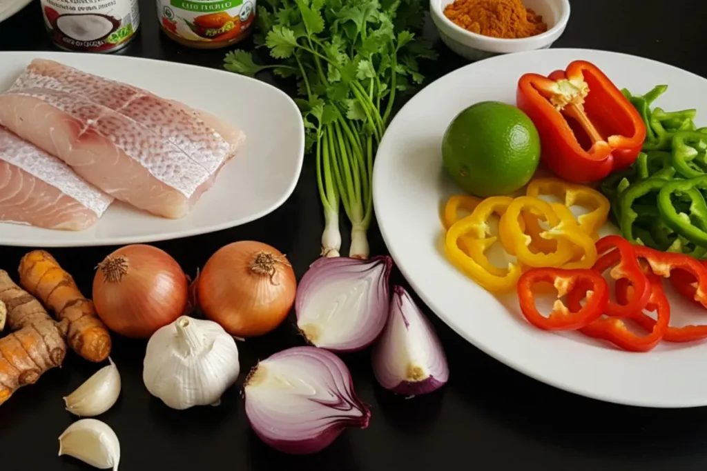 Dis arrangement des ingrédients pour un curry de poisson au lait de coco : poisson, lait de coco, épices, légumes, et herbes fraîches.
