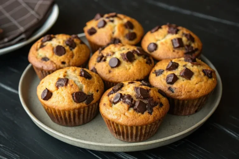 Un lot de muffins dorés aux pépites de chocolat sur une table en bois