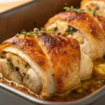 paupiettes de poulet au four, dorées et garnies d'herbes, sur une table moderne.