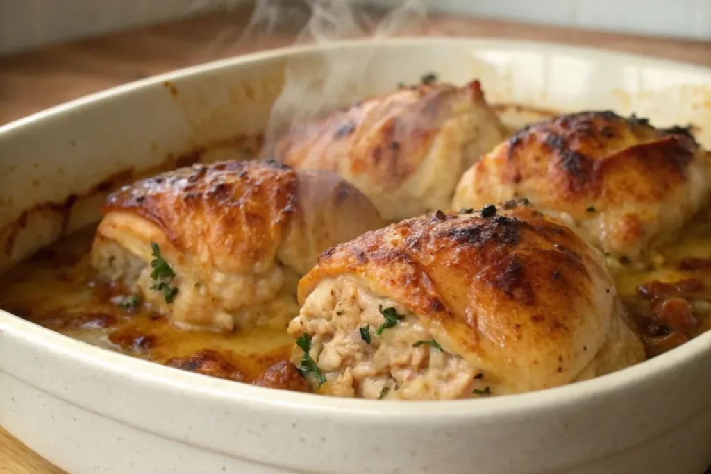 paupiettes de poulet au four, dorées et garnies d'herbes, sur une table moderne.