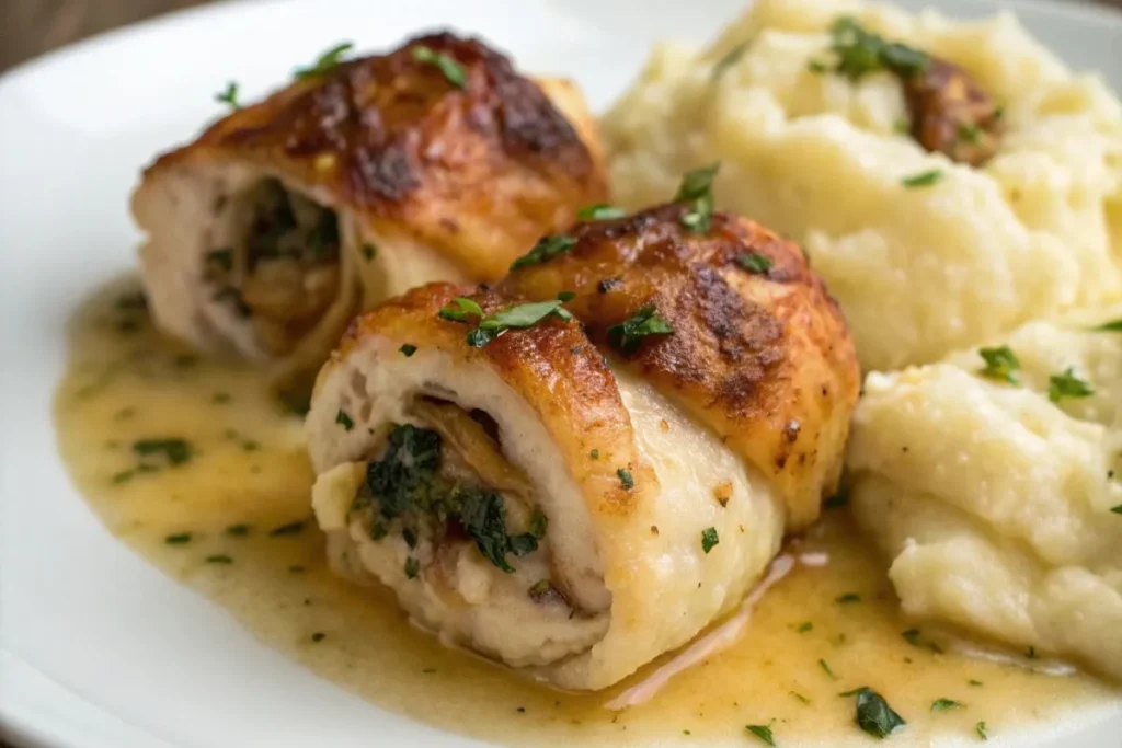 Paupiettes de poulet au four servies avec une purée de pommes de terre crémeuse, garnies d'herbes et de beurre.