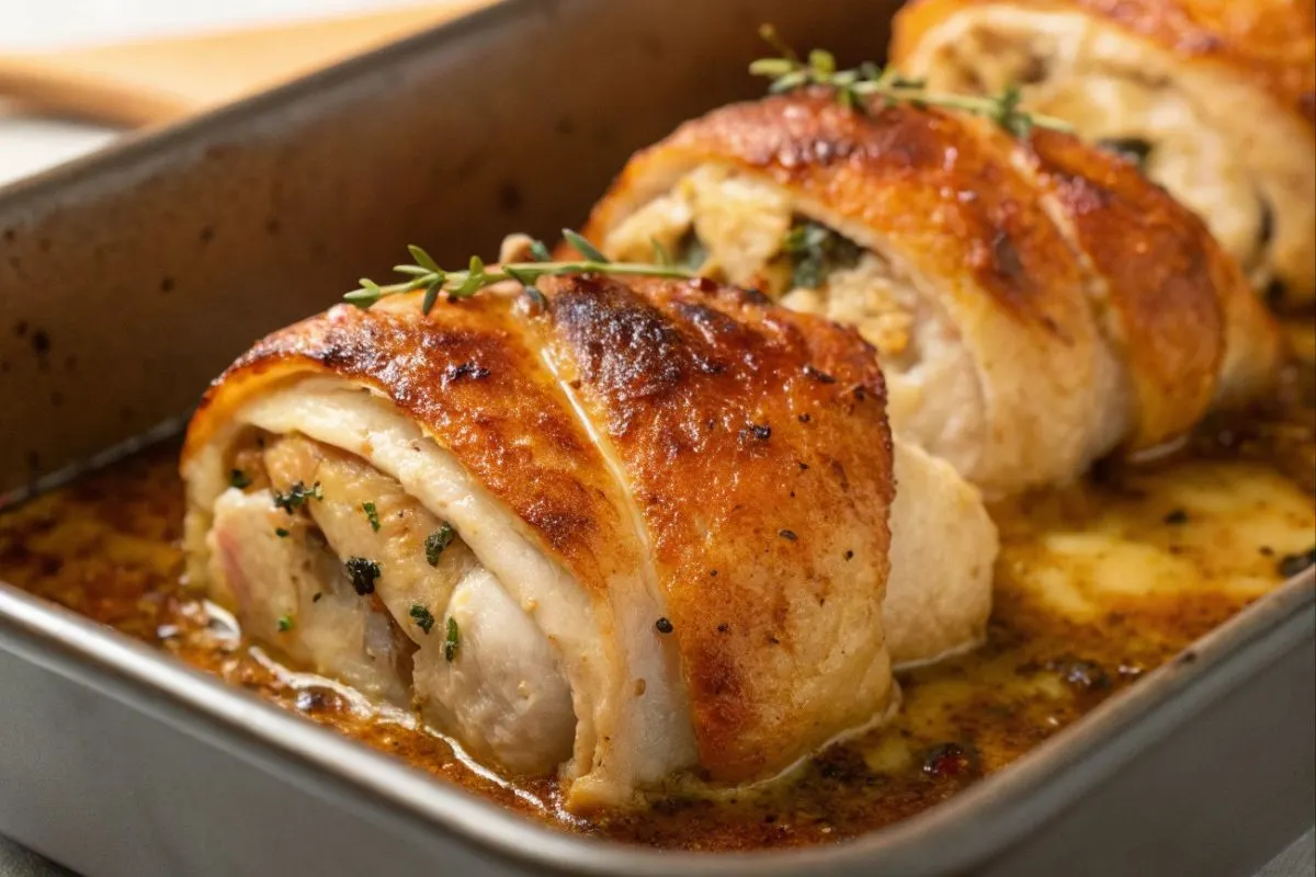 paupiettes de poulet au four, dorées et garnies d'herbes, sur une table moderne.