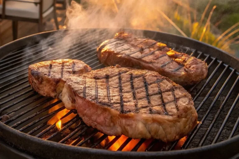 Steak de picanha de bœuf grillé sur un barbecue avec des marques de grill et des herbes aromatiques.
