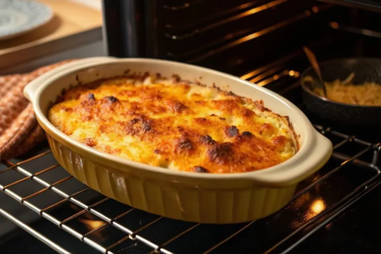 Gratin potiron dans un four, avec le fromage fondant sur le dessus et une légère dorure en formation.