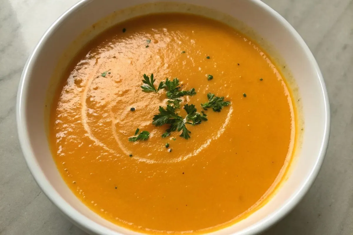 soupe de carottes servie dans un bol sur une table moderne