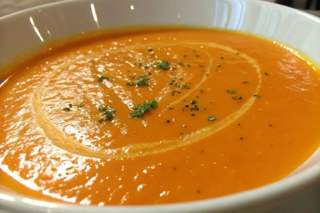 soupe de carottes servie dans un bol sur une table moderne