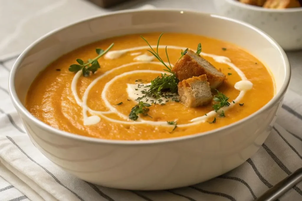 soupe de carottes servie dans un bol sur une table moderne, garnie de crème, d'herbes et de croûtons.