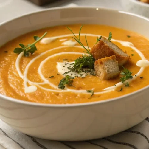 soupe de carottes servie dans un bol sur une table moderne, garnie de crème, d'herbes et de croûtons.