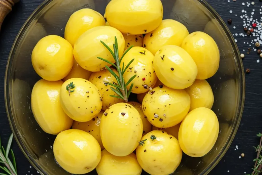 Pommes de terre assaisonnées dans un bol, prêtes à rôtir