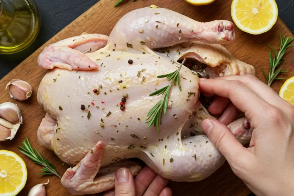 Poulet entier sur planche, assaisonné avec huile, herbes et citron