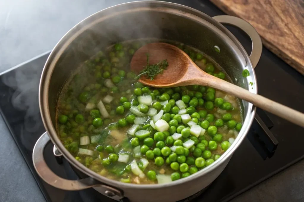 Petits pois et oignons en cuisson dans une casserole vue du dessus, avec vapeur visible et cuillère en bois.