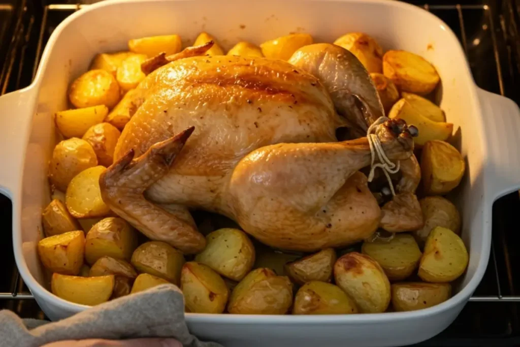 Poulet rôti aux pommes de terre enfourné avec précaution