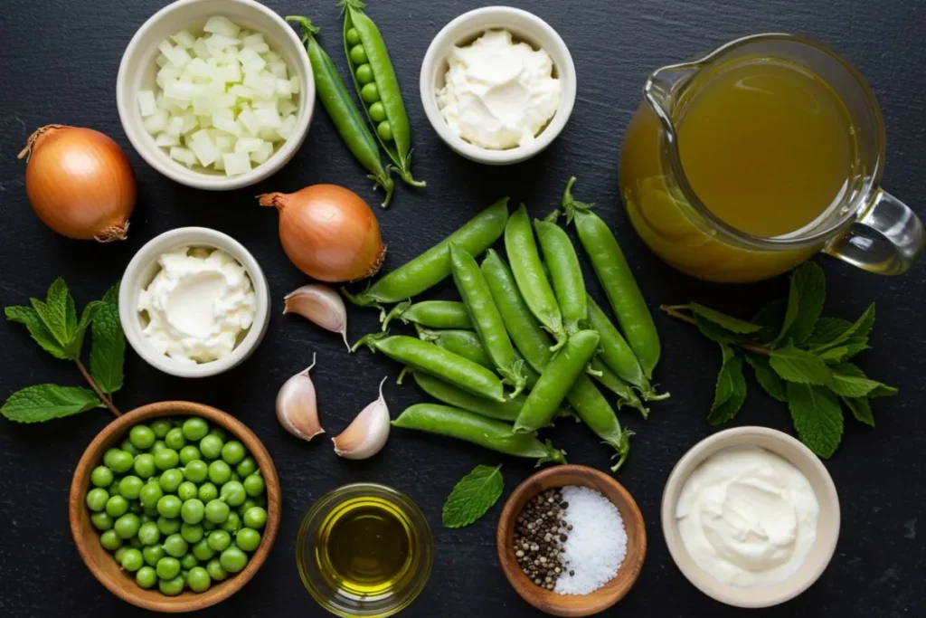 Ingrédients vus du dessus sur une table noire : petits pois, oignon, ail, bouillon, crème, huile, sel, poivre et menthe.