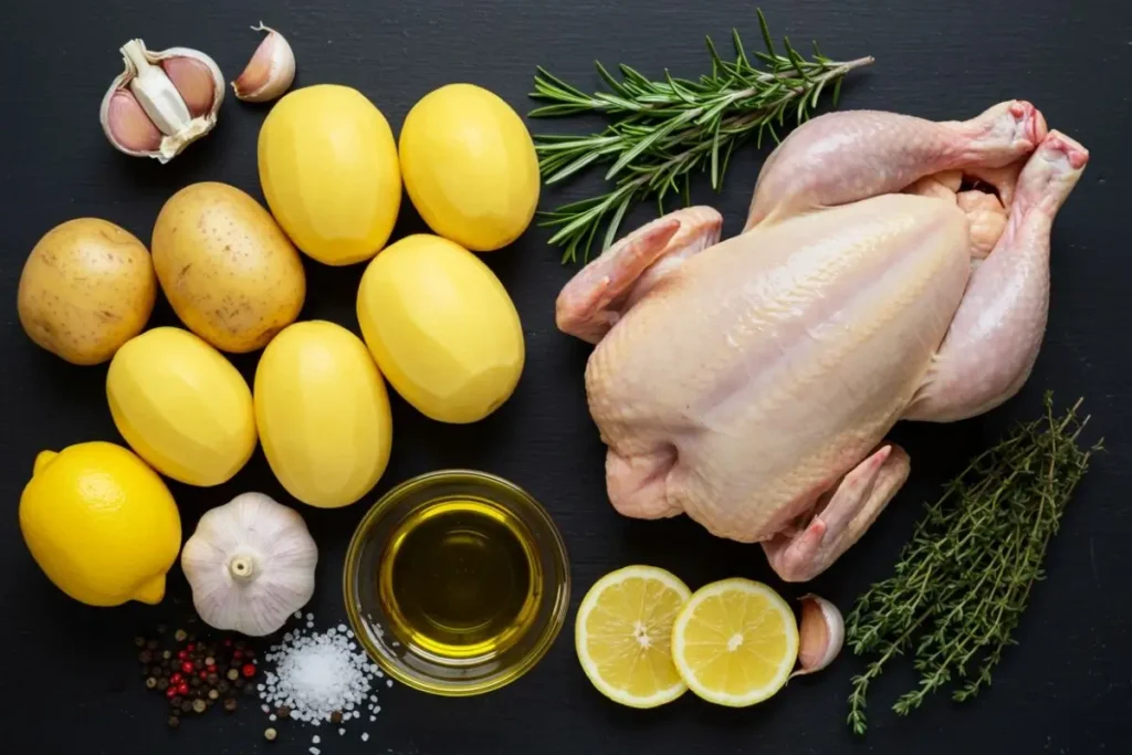 des ingrédients crus : poulet entier, pommes de terre, herbes, ail, huile et citron sur une table noire