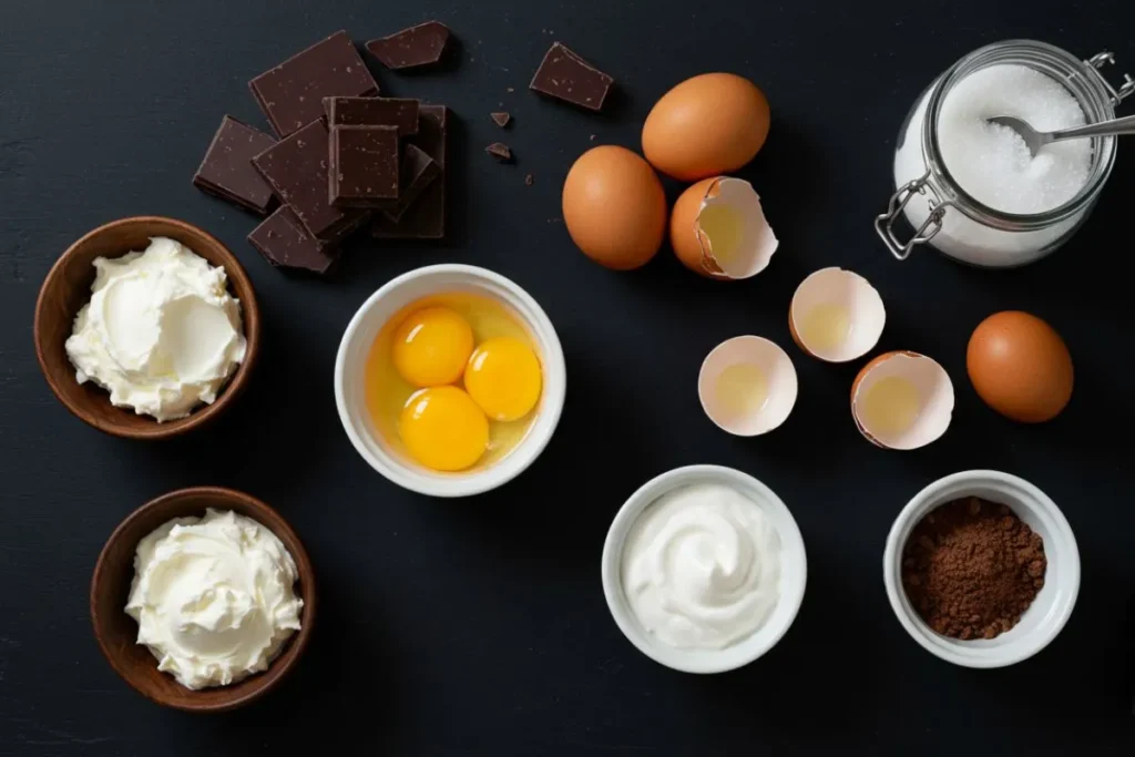 des ingrédients pour une mousse au chocolat et mascarpone disposés sur une table noire