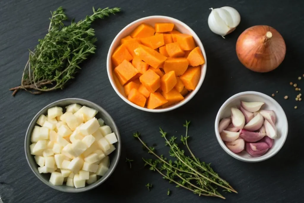 Des ingrédients hachés pour un velouté de potimarron au Thermomix sur une table noire